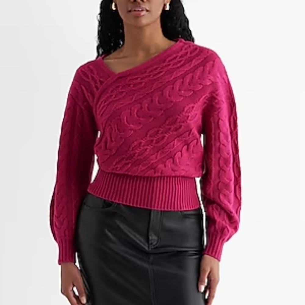 Express Womens Cable Knit Asymmetrical Long Sleeve Sweater Bright Fuchsia XS